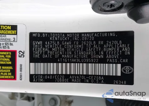 2020 Toyota Camry Se Nightshade Edition z USA, uszkodzony, nr VIN 4T1G11AK9LU395922